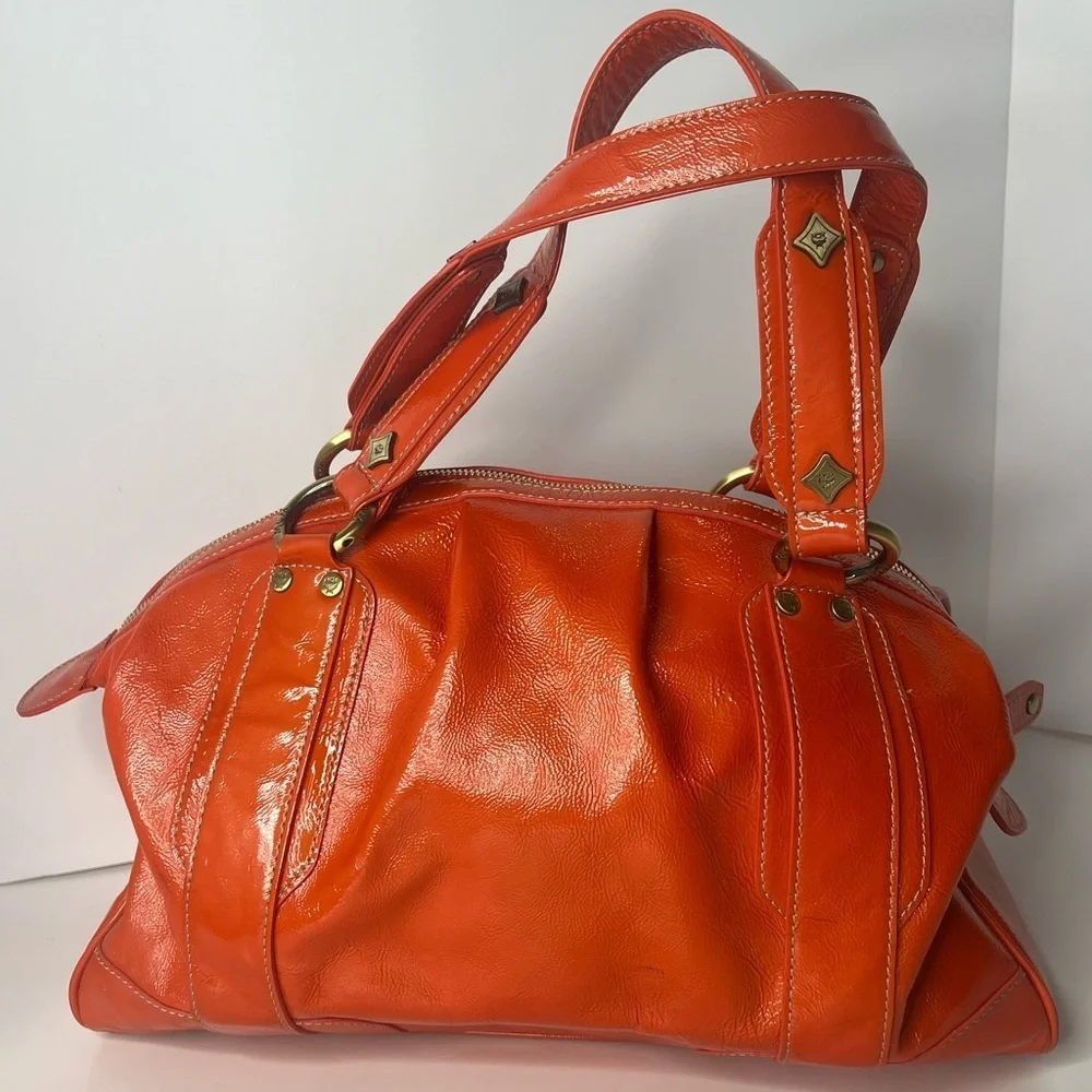 MCM Orange‎ Patent Leather Top Zipper Silver Studded Accent Satchel/Handbag 🧡